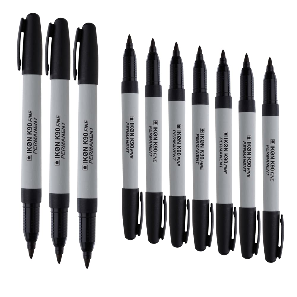 Hainenko IKON K90 Black Fine Permanent Marker Pack of 20. Sharp Point Golf Ball/CD/DVD Marker Pens in Black Ink 0.8mm Bullet Tip