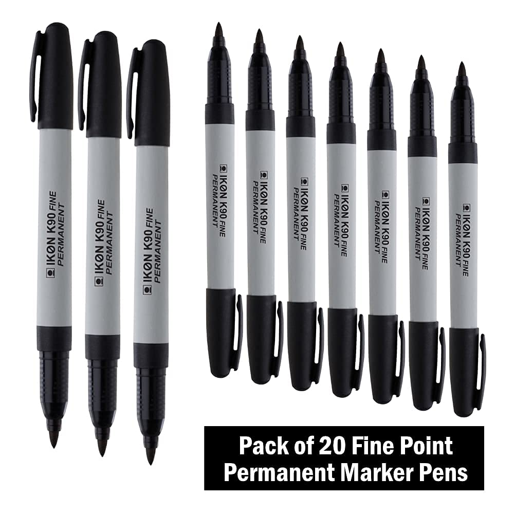 Hainenko IKON K90 Black Fine Permanent Marker Pack of 20. Sharp Point Golf Ball/CD/DVD Marker Pens in Black Ink 0.8mm Bullet Tip