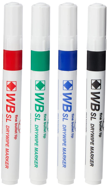 Hainenko Slimline Dry Wipe Whiteboard Markers Fine Bullet Tip Assorted Colours (Pack of 4) | Low Odour Whiteboard Pens