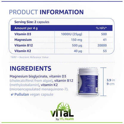 MAG365 Vegan Vitamin D Plus | Magnesium, Vitamin D3, Vitamin K2 & Vitamin B12 | 60 Vegan Capsules