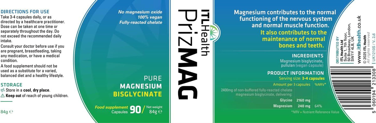 PrizMAG by ITL Health Pure Magnesium Bisglycinate Capsules 90 Capsules
