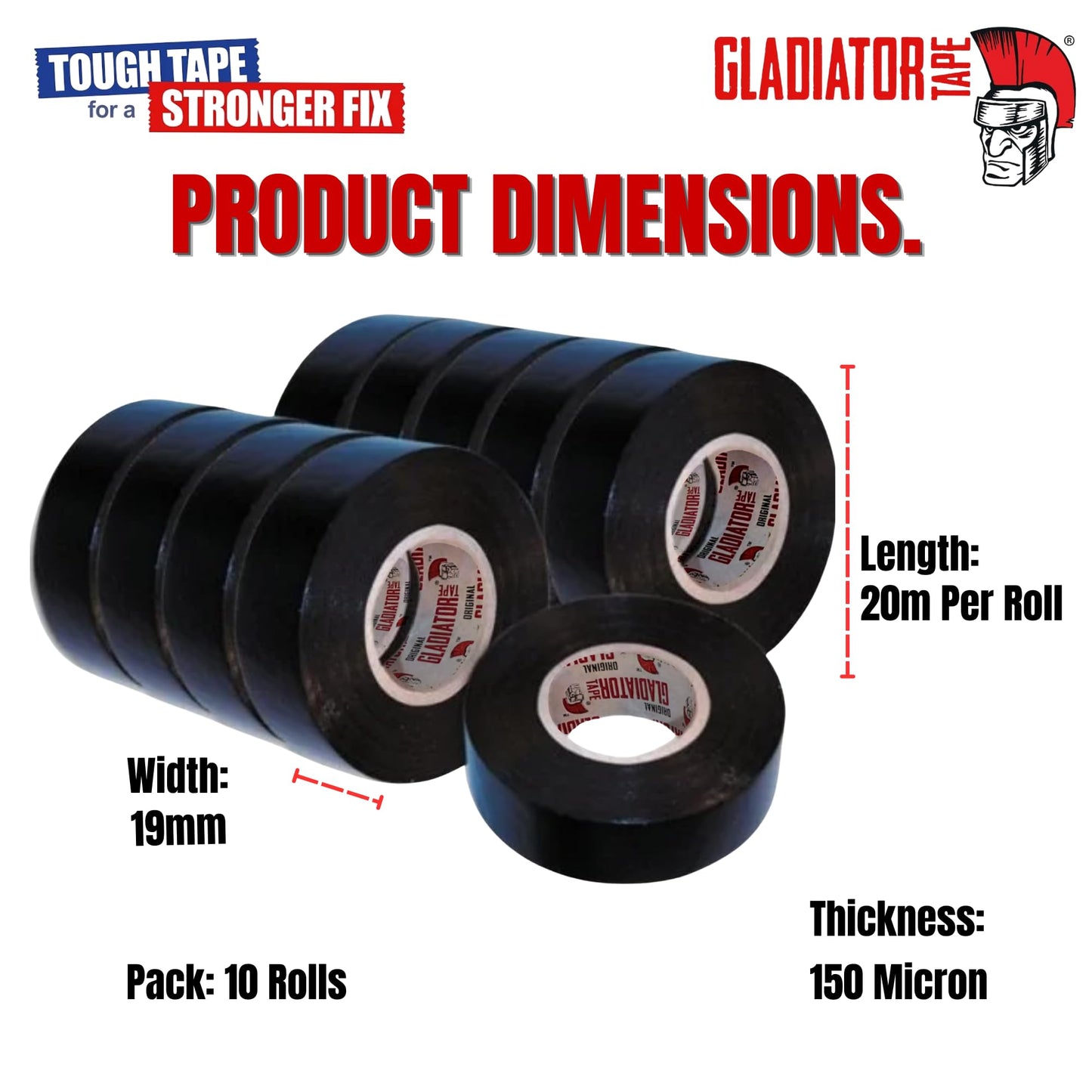 Gladiator PVC Electrical Tape Black 19mm x 20m (Pack of 10) | Flame Retardant Electrical Insulation Tape