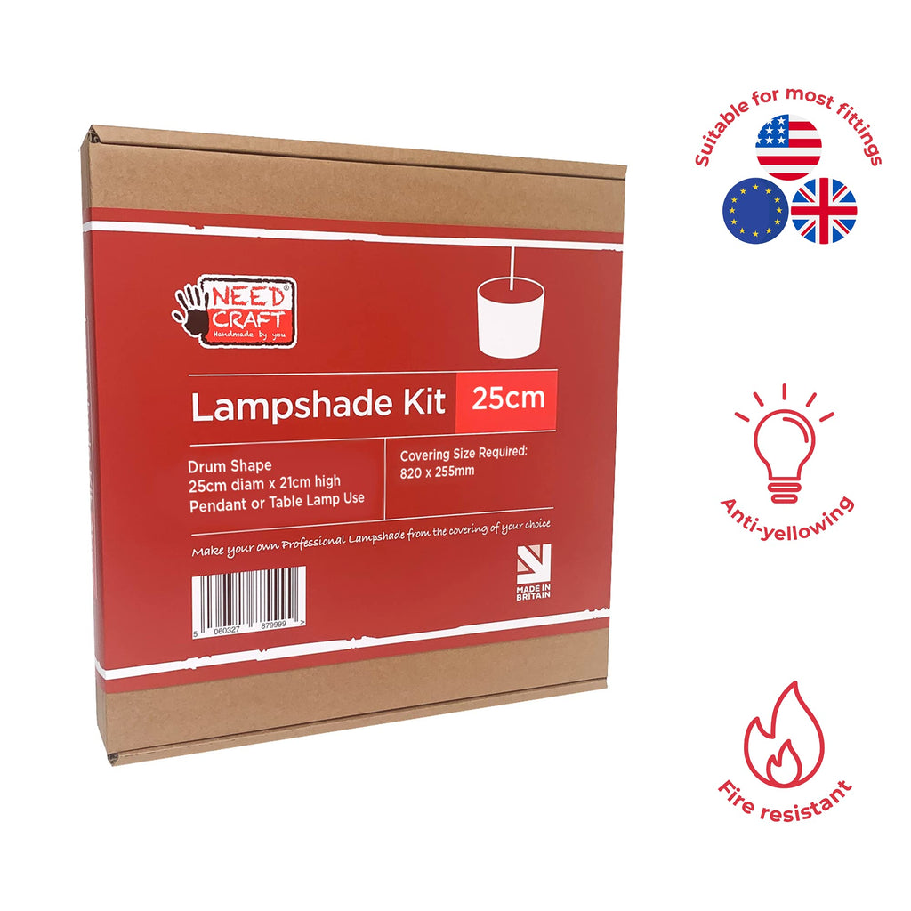 25cm Lampshade Making Kit use with Pendant Ceiling Lights and Table and Floor Lamp, Drum Circle Shape Needcraft UK DIY use with Fabric, Textile, Wallpaper of Choice.