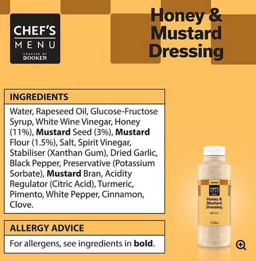 Honey & Mustard Dressing 1 Litre – Ready to Use Salad Dressing for Salads & Marinades – Chef’s Menu – Suitable for Home & Catering
