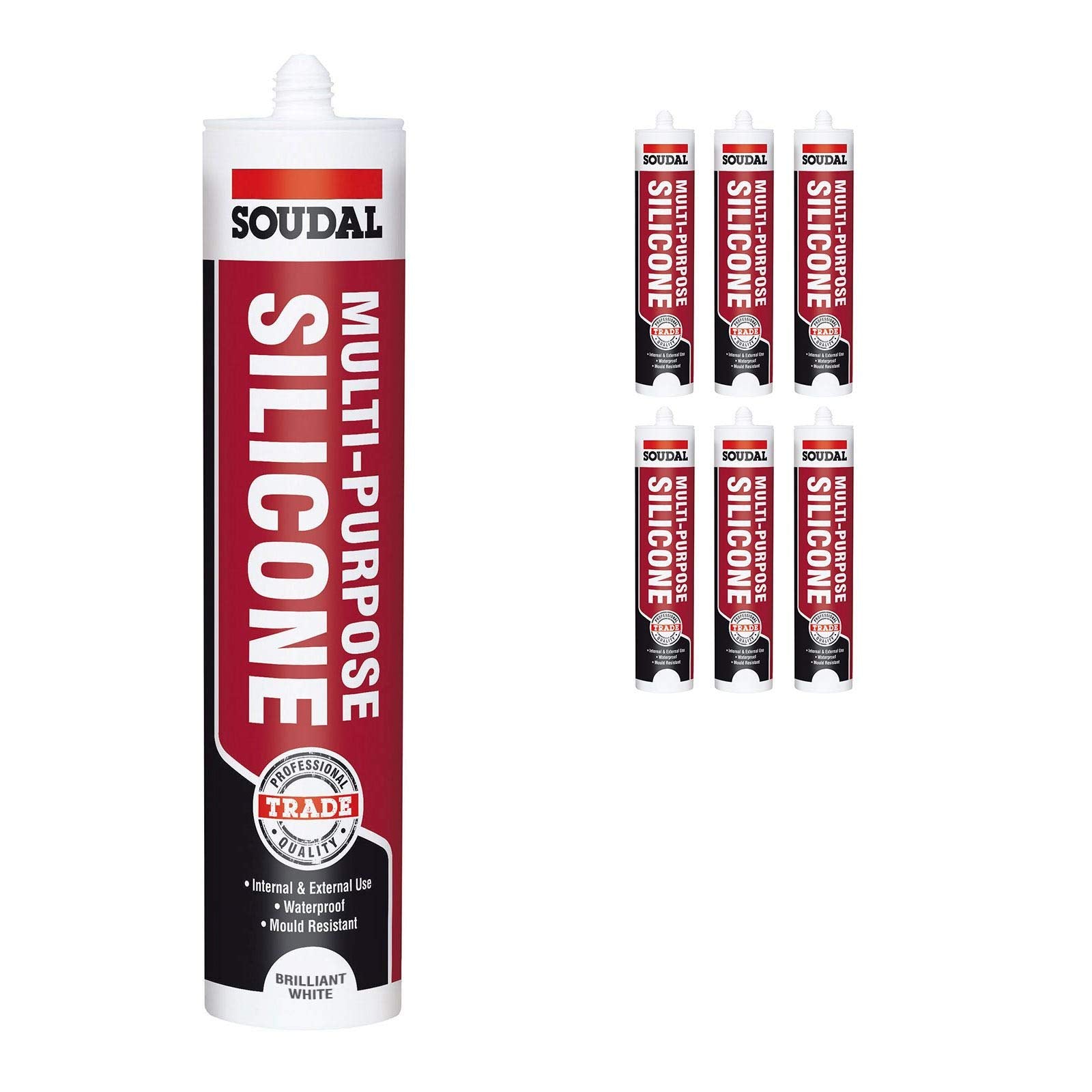 6 x Brilliant White Soudal Trade Silicone Multi Purpose Construction Sealant Acetoxy with Fungicide