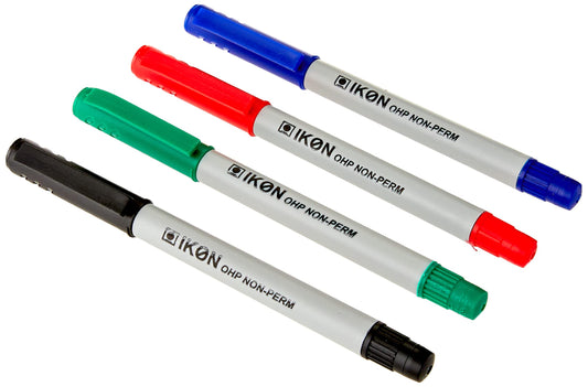 Hainenko Ikon Fine OHP Pens Assorted Colours (Pack of 4) | Non-Permanent Overhead Projector Markers