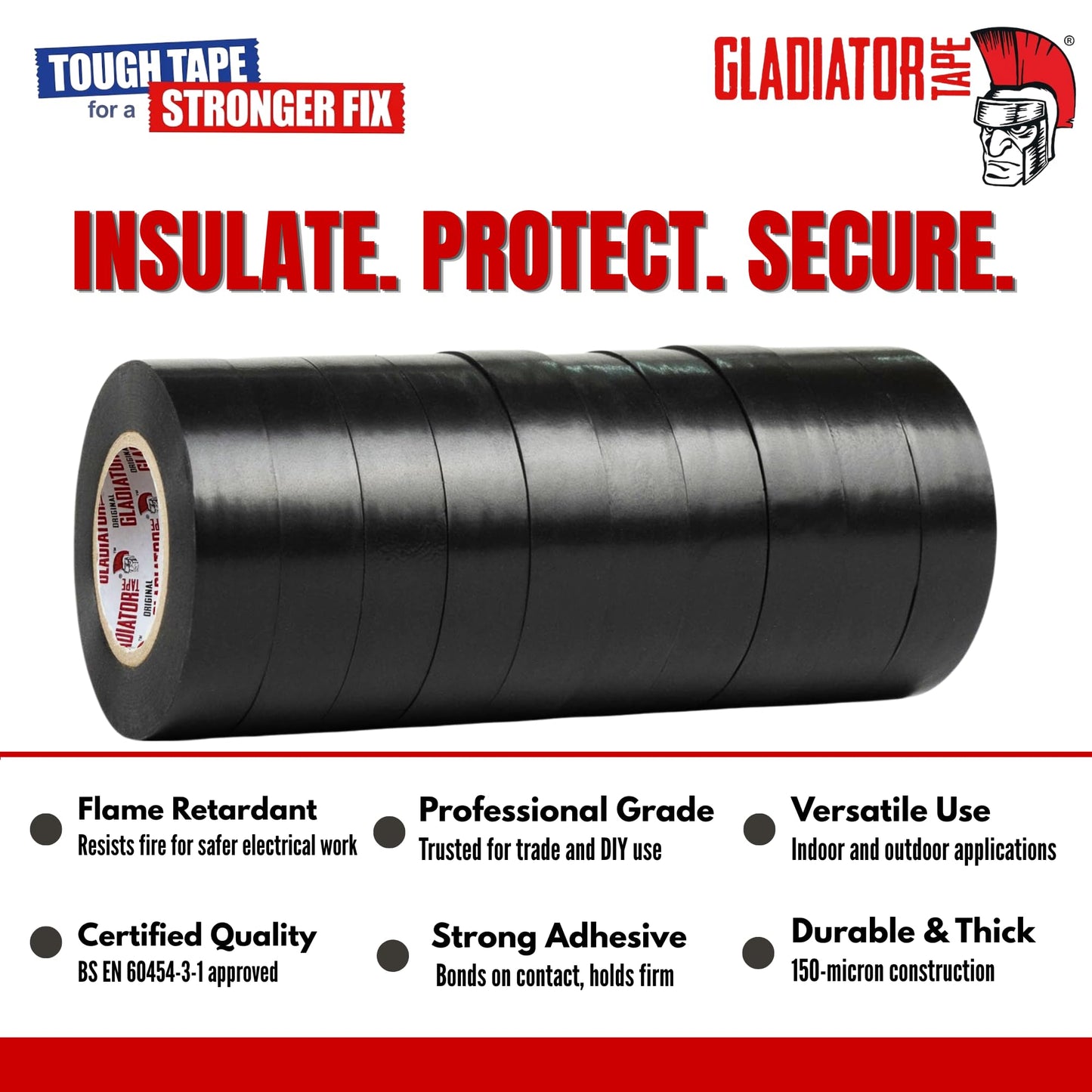 Gladiator PVC Electrical Tape Black 19mm x 20m (Pack of 10) | Flame Retardant Electrical Insulation Tape