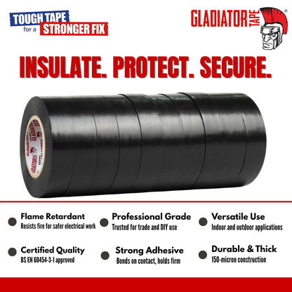 Gladiator PVC Electrical Tape Black 19mm x 20m (Pack of 10) | Flame Retardant Electrical Insulation Tape