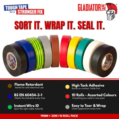 Gladiator PVC Electrical Tape 19mm x 20m (Pack of 10) | Flame Retardant Electrical Insulation Tape