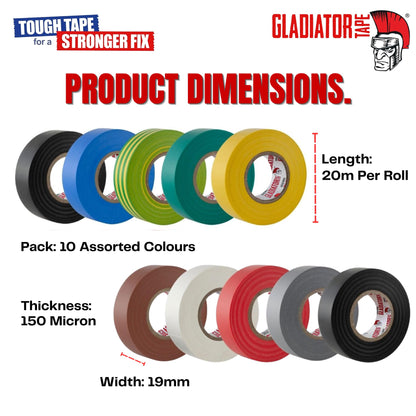 Gladiator PVC Electrical Tape 19mm x 20m (Pack of 10) | Flame Retardant Electrical Insulation Tape