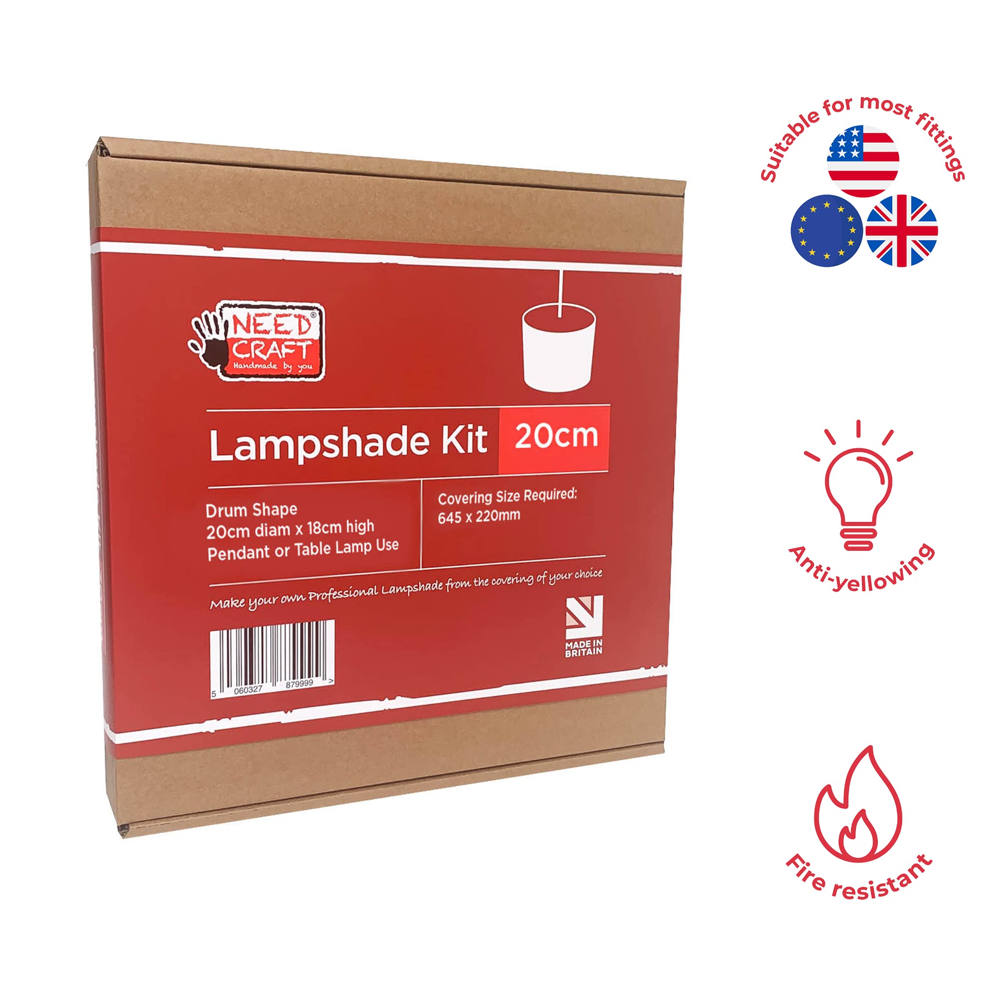 20cm Lampshade Making Kit use with Pendant Ceiling Lights and Table and Floor Lamp, Drum Circle Shape Needcraft UK DIY use with Fabric, Textile, Wallpaper of Choice.